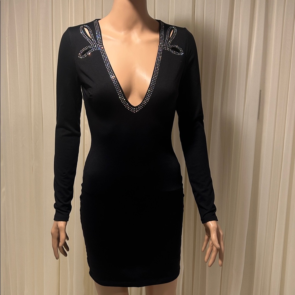 Bebe Black Long Sleeve Dress with Embellished Neckline